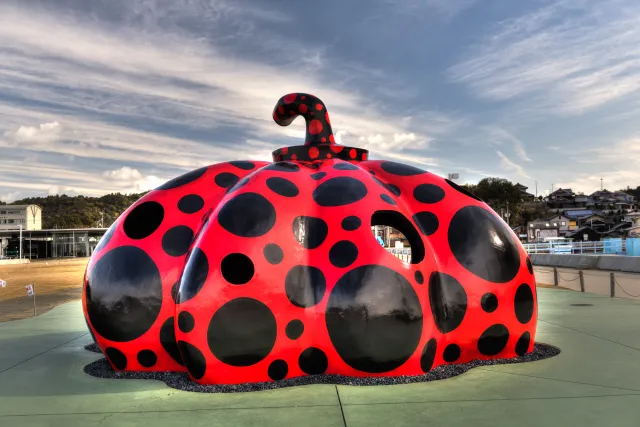 Yayoi Kusama red pumpkin at Miyanoura Ferry Terminal