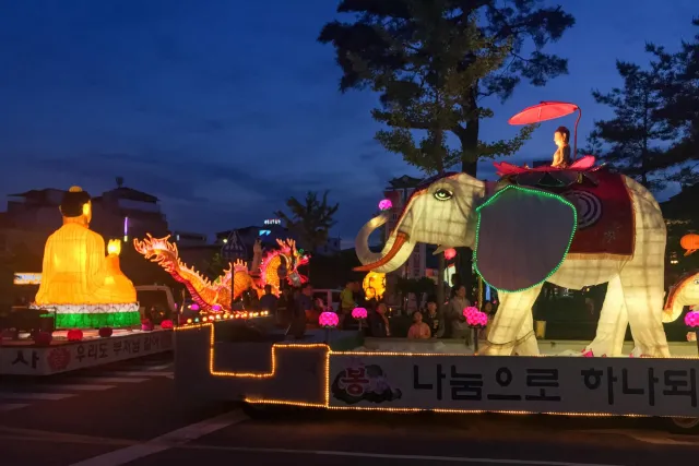 Elephant figures in the parades celebrating Buddha's birthday